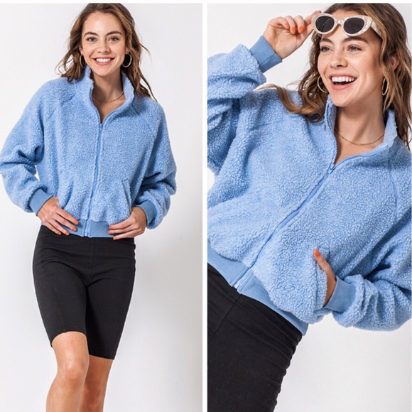 LIGHT BLUE TEDDY BOMBER JACKET - Picture 2 of 4